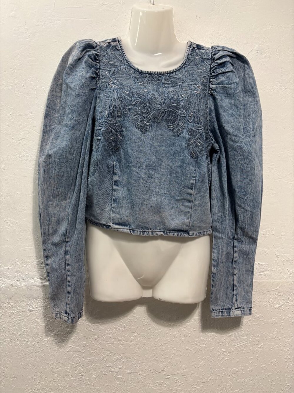 Pilcro Popover Denim Acid-Wash Bohemian Western Embroidery Puff Sleeve Smocked S
